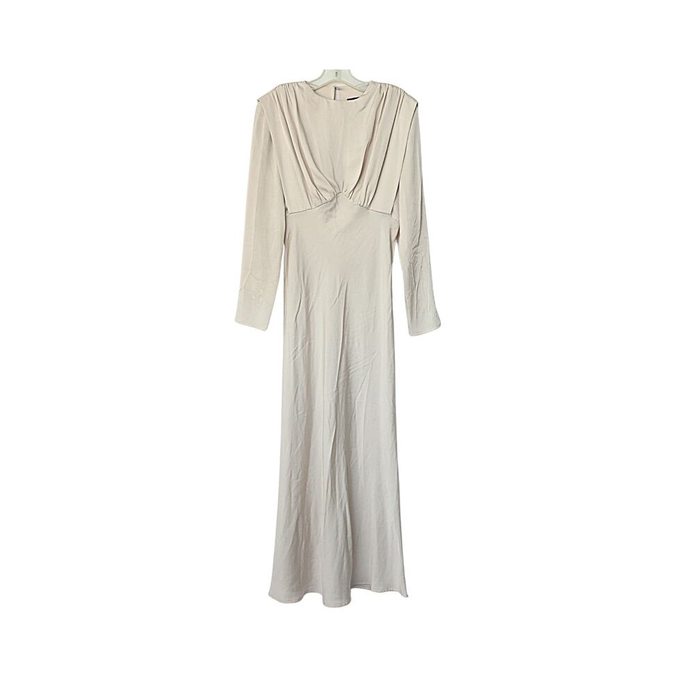 Ruched Bodice Elegant Long Sleeve Maxi Dress - Pearl - 4